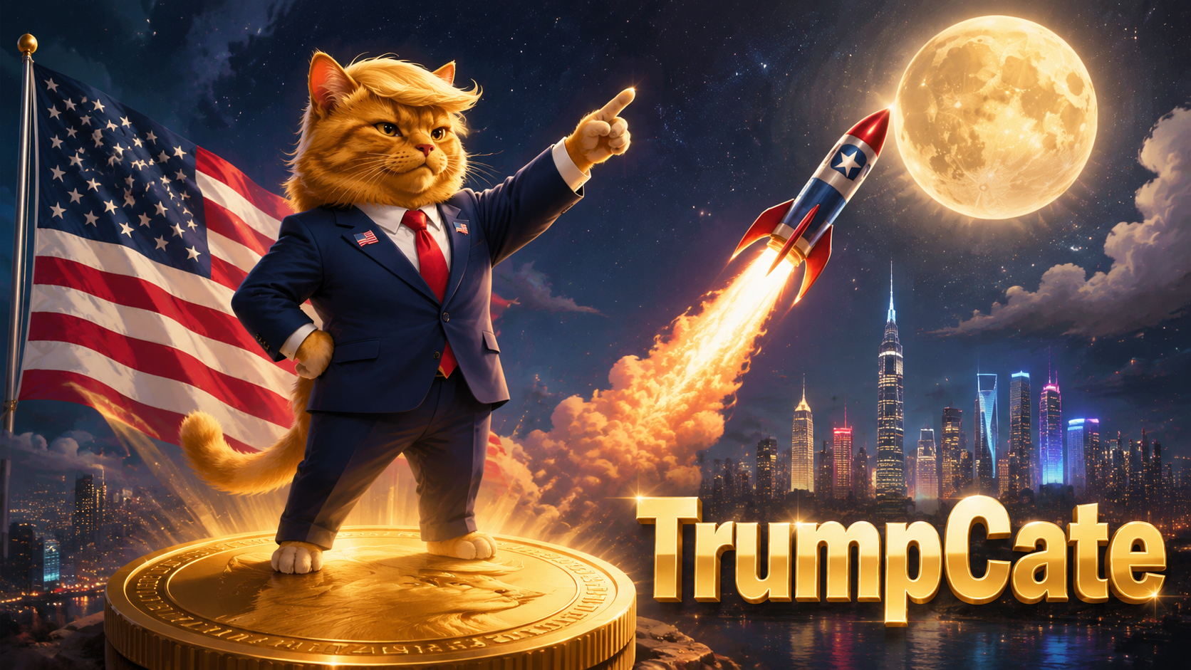 TrumpCate pointing at the moon beside a rocket